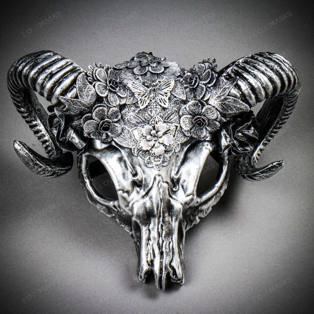 Antelope Devil Ram Horn Skull Ghost Masquerade Mask - Black Silver